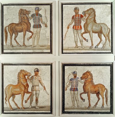Four horse riders in their racing colours by Roman